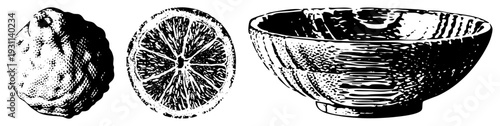 Classic halftone art of lemon fruit, section, and ceramic bowl, engraved texture, vector, food illustration, rustic design.