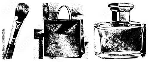Black and white halftone vector trio makeup brush, shopping bag, perfume bottle. Classic beauty and retail. Fashion, cosmetics, luxury goods.