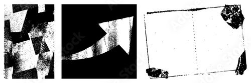 Fragmented angular forms with dot matrix shading, graphic design elements, vector art composition, visual texture, stylized negative space.