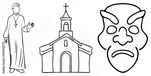 Priest gesturing beside church building, devil mask with horns and frown, religious contrast, spiritual vs. demonic themes, illustration.