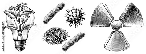 Classic engraved style showing plant in bulb, bacterial cells, and radiation sign scientific, educational, retro graphic elements.