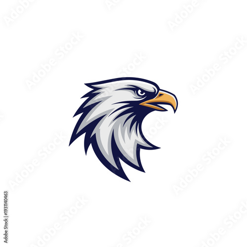 Stylized fierce eagle head with orange beak on dark background