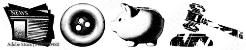 Newspaper, button, piggy bank, gavel classic symbols of news, savings, wealth, and law, rendered in halftone vector style with clean and grayscale tones.