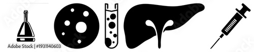 Science symbols for liver health, lab testing, and medical procedures, including syringe, petri dish, and test tubes, flat vector design.