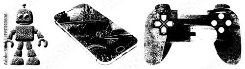 Retro robot toy, smartphone displaying game scene, game controller, halftone vector art, digital gaming, pixel art style, isolated foreground elements.