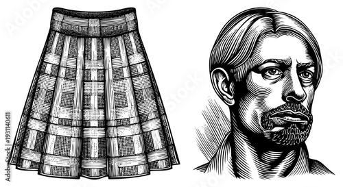 Graphic vector illustration of pleated skirt with woven and stylized male portrait, both rendered in halftone hatching, isolated elements, artistic art.