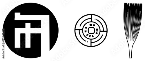 Stylized circular and symbols, graphic mark, modern emblem shapes, vector art, corporate branding elements.