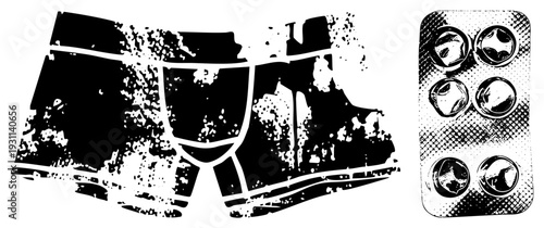 Black and white halftone underwear cutout paired with blister pack pills, stylized vector art, medical and personal care theme, isolated elements.