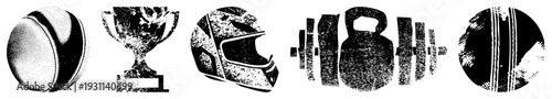 Collection of athletic gear silhouettes rendered in halftone texture, including rugby ball, trophy, racing helmet, kettlebell, cricket ball. Sports symbols, competition, fitness motifs.