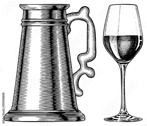Traditional German beer stein with ornate handle, wine glass with liquid fill, engraved art, vintage pub decor, halftone vector design, beverage vessels.