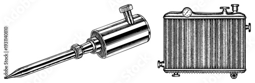 Classic automotive thermometer and radiator unit, mechanical engine cooling, vintage vehicle repair tools, metallic mechanical design, engraved art illustration.