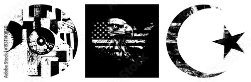 Islamic moon and star symbol, distressed graphic design, religious, emblem, vector halftone texture, spiritual symbol, cultural motif.