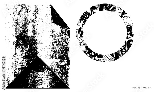 Vector graphic featuring angular triangle and circular ring with halftone texture, abstract design, graphic art, black and white, stylized forms, isolated elements.
