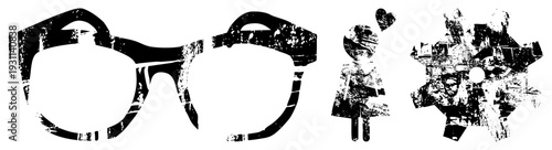 Distressed black silhouettes of eyewear, stylized girl with heart, and fragmented gear, gritty texture, vector design, isolated elements.