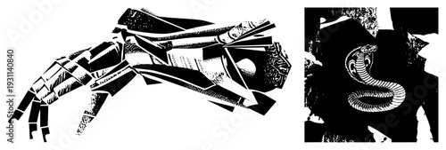 Abstract fragmented arm with angular shapes, coiled cobra with detailed scales, graphic design, black and white vector, modern illustration, isolated art elements.