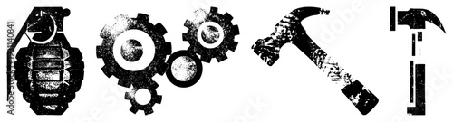 Vector graphic of grenade, gears, hammer, and claw hammer in gritty black and white style, isolated cutout elements with halftone texture, industrial design, mechanical symbolism.