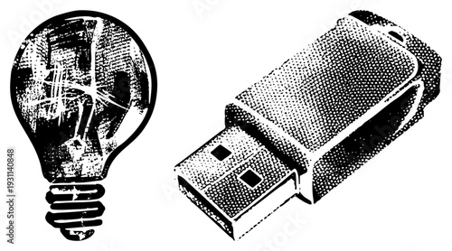 Retro style lightbulb and USB stick rendered in halftone dot, vector graphic, tech and idea symbols, black and white illustration, digital storage and innovation.
