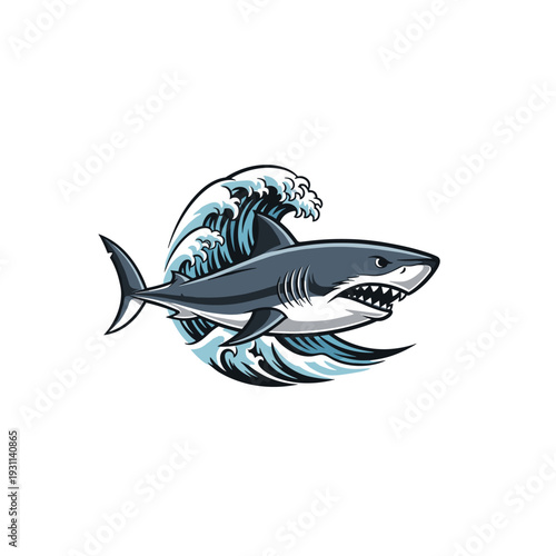 Stylized great white shark with sharp teeth in a dynamic ocean wave