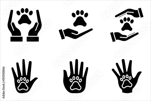 vector illustration of paw in hand icon set, on a white background