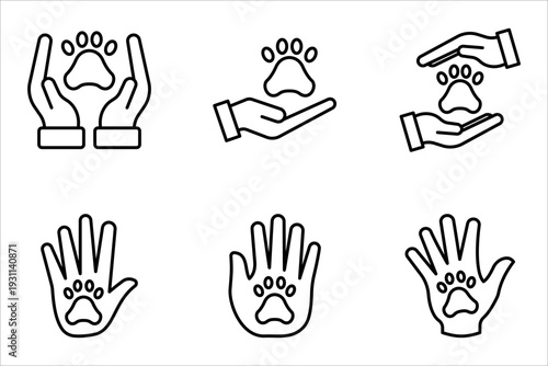 vector illustration of paw in hand icon set, on a white background