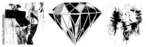 Stylized diamond with faceted geometry, abstract angular shapes, black and white vector art, graphic design elements, modern minimalist aesthetic.