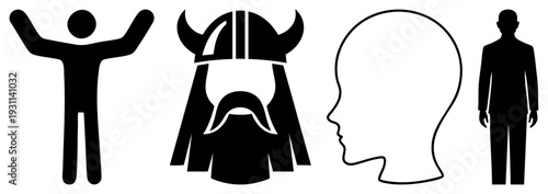 Joyful person with raised arms, Viking warrior, profile head, formal male silhouette, flat design, symbolic human forms, graphic.