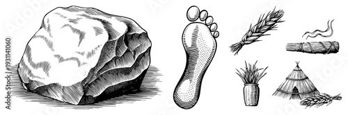 Vintage engraved stone, sole print, wheat sheaf, rope bundle, clay pot, teepee shelter rustic survival. Stone, footprint, grain, camp, primitive, heritage, wilderness.