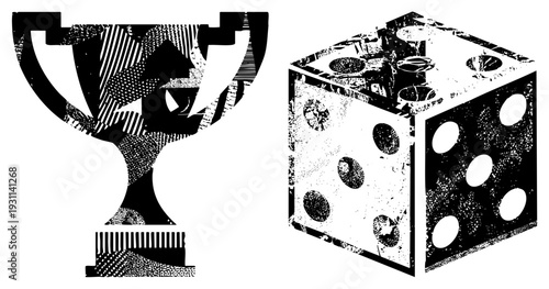 Trophy cup and die cube rendered in bold vector style, halftone textures applied, isolated symbols for gaming or achievement themes, graphic design elements.