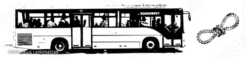 Side view of a passenger bus with silhouetted riders, paired with a striped rope knot, minimalist vector art, public transit, urban mobility symbol.