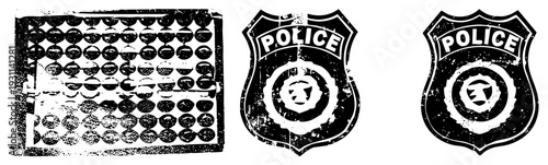 Antique counting tool with beads, law enforcement emblems, weathered ink stamp, retro stencil style, black and white vector.