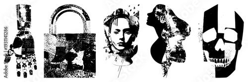 Graphic vector art featuring fragmented hand, padlock, portrait, woman’s profile, and skull, rendered in halftone texture with high contrast, isolated elements, bold shapes, and symbolic composition.