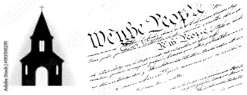 Gothic style church steeple silhouette, halftone texture, engraved script text, constitutional phrase, historical document, legal declaration, symbol, engraved typography.