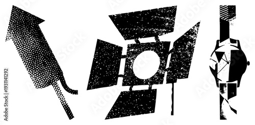 Graphic halftone symbols of fireworks, studio lighting equipment, and wristwatch, rendered in gritty, ideal for design or UI elements.