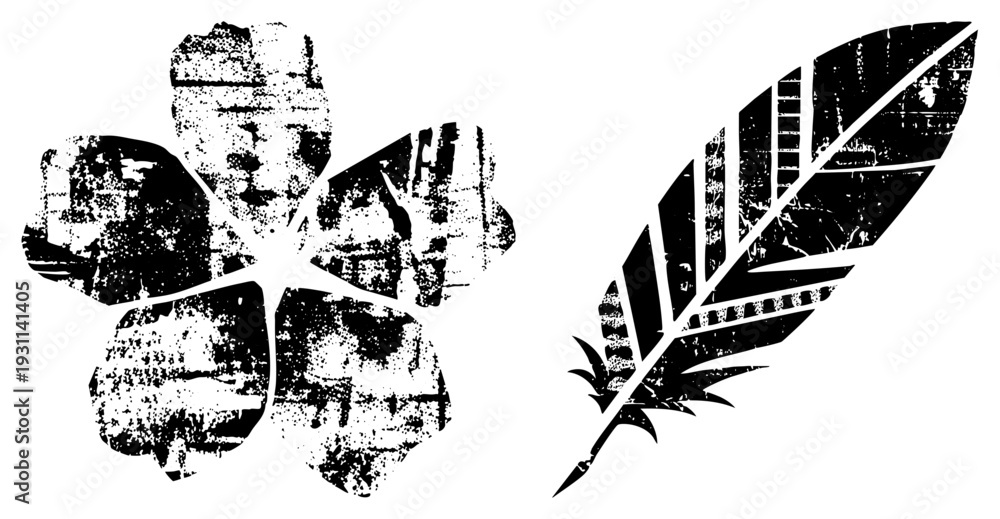 Fototapeta premium Distressed black emblem and feather design, retro stencil style, vector art, creative illustration, textured typography.