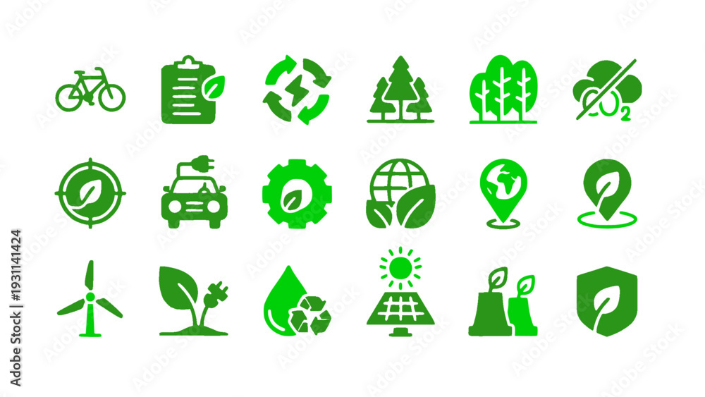 Obraz premium Renewable energy icons featuring wind turbine, solar panel, electric car, and eco elements. Green flat vector EPS.