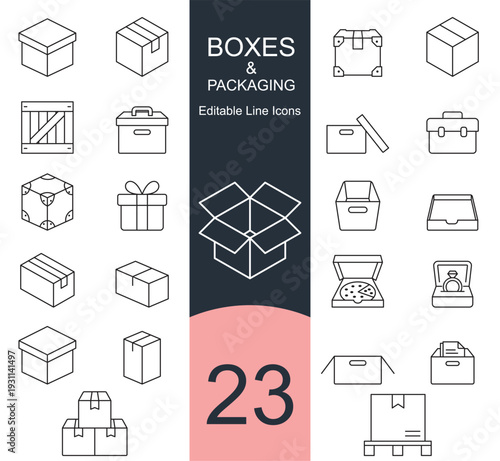 Boxes and Packaging Icon Set. Featuring cardboard box, shipping crate, gift box, pizza box, jewelry box, storage folder, pallet, open box, closed box, and more icons. Perfect vector icon collection.