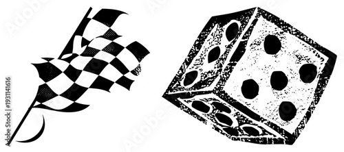 Checkered racing flag waving dynamically beside a textured die showing six pips, vector illustration, gambling and motorsport, halftone effect, bold.