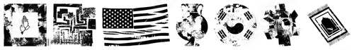 Distressed flags and emblems with worn textures, abstract, cultural motifs, symbolic representations, historical artifacts, graphic design elements.