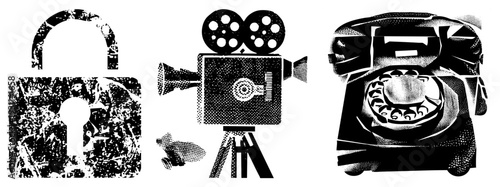 Retro padlock, classic film camera, rotary telephone rendered in halftone style, vector, isolated symbols, communication and security motifs.