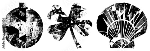 Three stylized symbols circle, clover, rendered in high contrast vector art with gritty texture, fragmented forms, and graphic design flair.