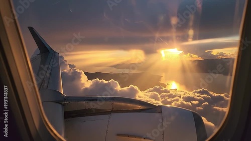 Looking out of an airplane window piercing through stormy clouds at golden sunset, sharp rays of light illuminating turbulent cloud formations