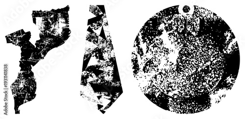 Bold fragmented typography with distressed textures, vector letter shapes, graphic design elements, gritty aesthetic, stylized text art.