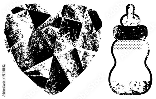 Fragmented heart symbolizing loss or care, baby feeding bottle with dotted, graphic, distressed texture, emotional, parenting symbol.