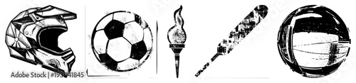 Set of five vector helmet, classic soccer ball, torch, ski pole, and astronaut helmet. Black and white art with halftone texture and geometric shapes.