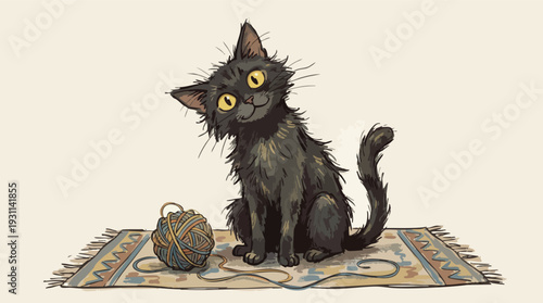 Black Cat Sitting on Rug with Ball.