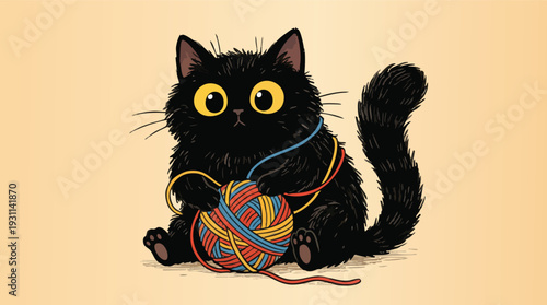 Black Cat Playing with Colorful Yarn Ball.
