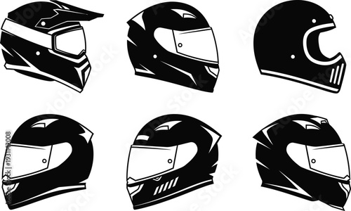 Helmet Collection: A curated collection of helmets, meticulously rendered in a striking black and white scheme, showcasing a range of styles.