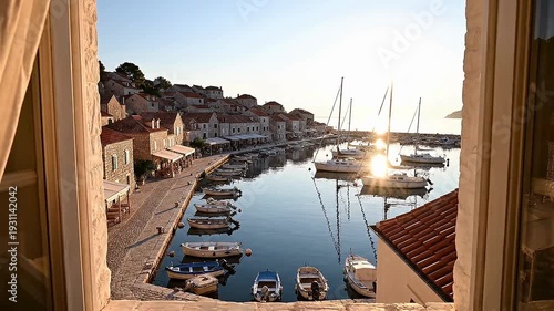 View from a hotel window overlooking a calm coastal town, early morning light casting warm reflections on water