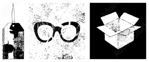 Graphic set featuring price tag, vintage eyeglasses, and open cardboard box, all rendered in distressed black and white vector style with halftone grain, ideal for retro branding or packaging design.
