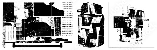Fragmented abstract shapes in bold black and white, halftone textures, graphic design elements, vector art composition, modern visual abstraction.